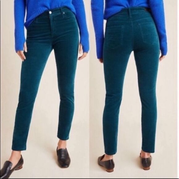 AG ‘The Stevie Ankle’ High-Rise Slim Straight Velvet Pant - Dark Teal - Picture 1 of 8